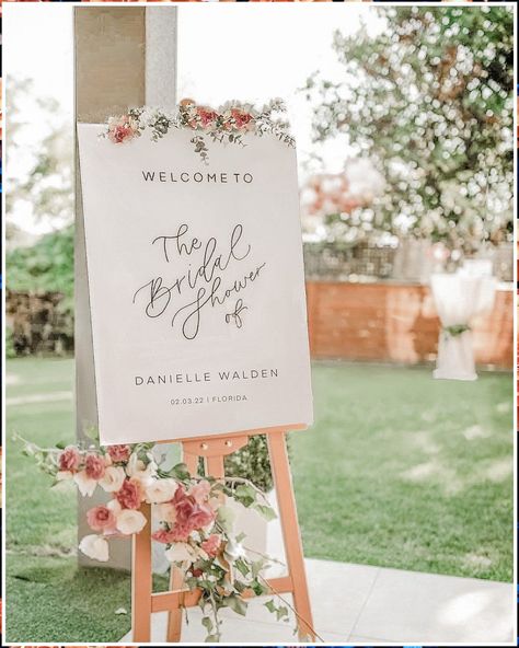 Wedding Signs - If you found what you love, it's very important that you act immediately - Visit For More! Welcome Wedding Shower Sign, Bridal Shower Easel Sign, Bridal Shower Patio Decor, Welcome Shower Sign, Bridal Shower Background Ideas, Floral Bridal Shower Theme Outfits, Rose Gold And White Bridal Shower Decor, Engagement Party Outdoor Decorations, Bridal Shower Brunch And Bubbly