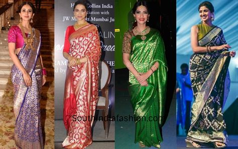 Top Banarasi Saree Looks Inspired By Celebrities That You Must Try! Celebrities In Banarasi Saree, Banarasi Saree Styling, Banarasi Saree Look, Silk Sarees Blouse, Draped Sarees, Deepika Padukone Saree, Saree Looks, Bollywood Designer Sarees, Bold Outfits