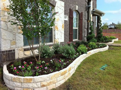 Stone Lined Flower Bed, Rock Wall Flower Bed, White Stone Flower Bed, Flower Bed Wall Ideas, Front Yard Raised Flower Bed Ideas, Stone Flower Bed In Front Of House, Stone Flower Bed Border, Retaining Wall Flower Bed Ideas, Flower Bed Retaining Wall