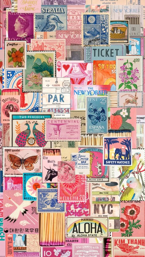 Pink, Blue, Postage Stamps, Match Boxes, Vintage, Antique, Retro - Shuffles Digital Collage Stamp Wallpaper, Postage Stamps Collage, Postage Stamp Design, Laptop Background, Fall In New York, Top Notch Wallpaper, Notch Wallpaper, Cute Background, Wallpaper For Ipad