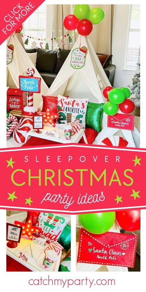 Check out this fun Elf on the Shelf sleepover! The party decorations are so cute! See more party ideas and share yours at CatchMyParty.com Christmas Eve Sleepover Ideas, Elf On The Shelf Sleepover Ideas, Kids Christmas Sleepover Ideas, Elf Sleepover Ideas, Christmas Slumber Party Ideas For Kids, Christmas Sleepover Ideas For Kids, Elf Sleepover, Elf On The Shelf Sleepover, Elf Party Ideas