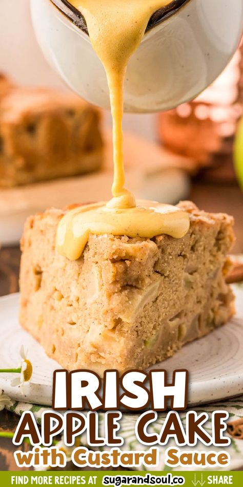 This Irish Apple Cake recipe is made with just the right amount of spice and is loaded with chunks of fresh apples. Top it off with a heavenly 4-ingredient vanilla custard sauce to make it an unforgettable dessert, breakfast, or snack cake.  via @sugarandsoulco Irish Apple Cake, Irish Desserts, Recipes Authentic, Irish Soda, Recipes Appetizers, Soda Bread, Irish Recipes, Apple Desserts, Piece Of Cake