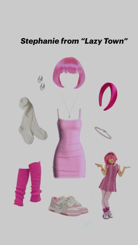 Pink dress, pink wig, Halloween costume, white sneakers, pink leg warmers, white tights Lazy Town Stephanie Costume, Pink Coquette Outfit, Lazy Halloween Costumes, Town Outfits, Lazy Halloween, Coquette Outfit, Lazy Town, Trio Halloween Costumes, Halloween Coustumes