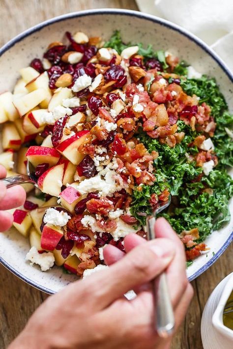 | Pinned to Loveleaf Co. Bacon Kale, Salad Kale, Kale Salad Recipes, Macaroni Salad Recipe, Apple Cranberry, Macaroni Salad, Idee Pasto Sano, Kale Salad, Cucumber Salad