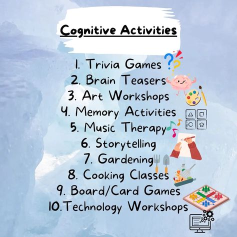 1. **Trivia Challenges:** Organize trivia games covering a wide range of topics like history, music, movies, and science to stimulate memory and knowledge recall. 2. **Brain Teasers and Puzzles:** Provide crossword puzzles, Sudoku, and other brain teasers to promote problem-solving skills and logical thinking. 3. **Art and Craft Workshops:** Offer painting, pottery, or crafting sessions where seniors can express themselves creatively, enhancing their cognitive and motor skills. 4. **Memory... Recreational Therapy, Memory Activities, Cognitive Activities, Painting Pottery, Recreation Therapy, Crossword Puzzles, Logical Thinking, Music Therapy, Montessori Activities