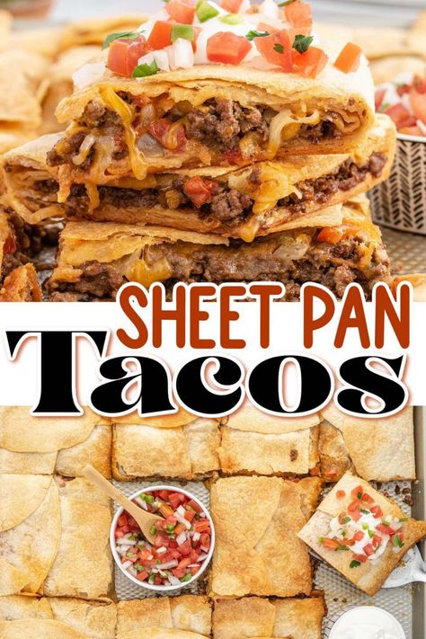 This quick and easy Sheet Pan Tacos recipe is a super-sized spinoff of Taco Bell’s Crunchwrap with a few simple tweaks. It has all the flavors of the famous Mexican meal, but tucks its layers of seasoned ground beef, onions, pico de gallo, and cheese between soft taco tortillas and bakes it on a single pan until crisp and golden–it’s the perfect party food to feed a crowd or a hungry family. Sheet Pan Tacos, Pan Tacos, Taco Dinner, Sheet Pan Dinners Recipes, Sheet Pan Dinners, Sheet Pan Recipes, Taco Tuesday, Mexican Dishes, Ground Beef Recipes