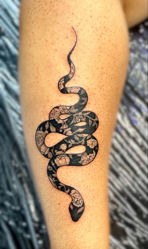 Day And Night Snake Tattoo, Unique Snake Tattoo Design, Cover Up Snake Tattoo, Ball Python Tattoo With Flowers, Ethereal Snake Tattoo, Patterned Snake Tattoo, Garden Of Eden Snake Tattoo, Floral Snake Hip Tattoo, Snake Tattoo Large