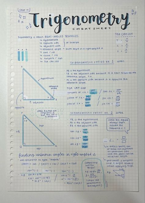 High School Notes Organization, School Notes Organization, High School Notes, Maths Trigonometry, Mathematics Notes, Trigonometric Ratios, Teaching Math Strategies, Studera Motivation, Notebook School