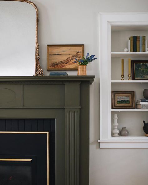 Julia on Instagram: “I know y’all love the green fireplace (BM Mediterranean Olive, btw 😘) but given my stair runner and wallpaper situation, I’m considering…” Studio Mcgee Fireplace Mantle, Mcgee Fireplace, Studio Mcgee Fireplace, Green Fireplace, Pollo Tropical, Modern Traditional Decor, Pretty Interiors, Mantel Styling, Decor Ikea