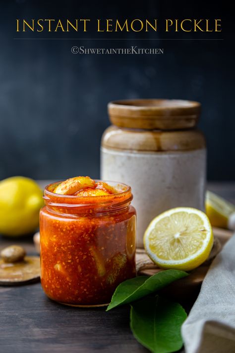 Instant Lemon Pickle  also known as Nimbu ka Achar is a quick and easy way of making the traditional sweet, spicy and tangy Indian condiment.  #lemonpickle #instantpickle #easypickle #instantpotrecipe #condiments #side #indianfood Achar Photography, Pickles Photography, Pickle Photography, Batata Bhaji, Easy Pickle, Indian Pickles, Store Photography, Paneer Butter Masala, Lemon Pickle