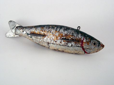 I acquired this wonderful vintage folk art fish decoy in 2005. It is believed this unique decoy of a herring baitfish by an unknown artist/outdoorsman was ... Fish Decoys, Herring Fish, Folk Art Fish, Art Fish, Vintage Folk Art, Retro Sign, Vintage Fishing, Garden Trowel, Fishing Lures