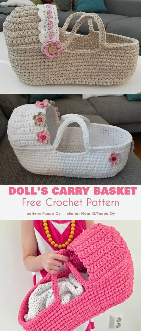 Doll's Carry Basket Crocheted Bed Dolls Free Patterns, Doll Carrier Crochet Pattern Free, Crochet Doll Bassinet Pattern Free, Free Crochet Pattern For Moses Basket, Crochet Doll Bedding, Crochet Doll Diapers Free Pattern, Crochet Doll Bed Pattern Free, Crochet Doll Sleeping Bag Free Pattern, Crochet Baby Moses Basket Pattern