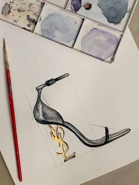 Heels Design Drawing, Watercolor Fashion Design, Ysl Heels Drawing, Ysl Drawing, Drawing Heels, How To Draw Heels, High Heels Drawing, Heels Drawing, Fashion Design Books