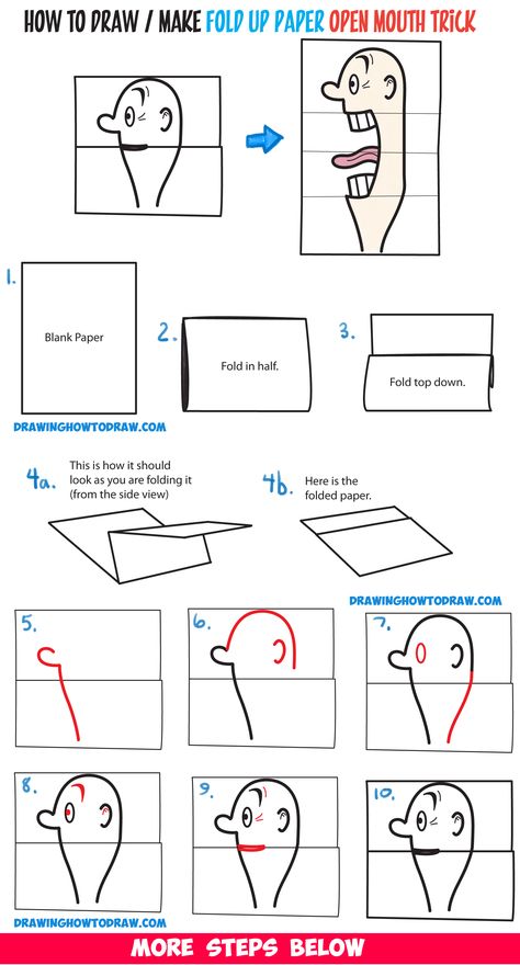 How to Draw a Big Opening Mouth Paper Folding Trick (Perfect for Cards) Easy Step by Step Drawing Tutorial & Craft for Kids Paper Mouth Craft, Paper Folding Drawing, Big Mouth Drawing, Paper Tricks, Folding Paper Crafts, Paper Folding For Kids, Open Mouth Drawing, Mouth Drawing, How To Draw Steps