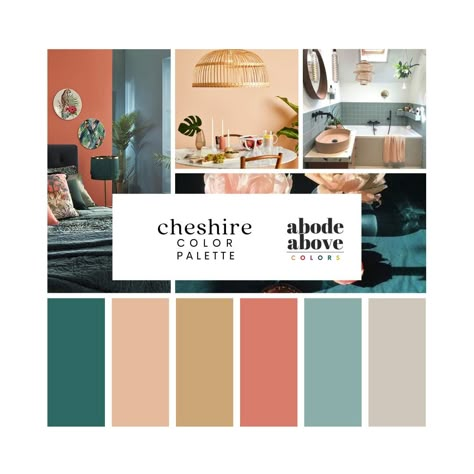 Cheshire - Interior Design Color Palette | Sherwin Williams 2024 Whole House Color Scheme | Interior Paint Design | Coral, Gold, Teal Coral Pink Living Room, Trending Color Palettes Interior Design, Colors That Go With Coral, Peach And Teal Bedroom, Peach Colored Rooms, Color Palettes For Home, Interior Paint Design, Whole House Color Scheme, House Color Schemes Interior