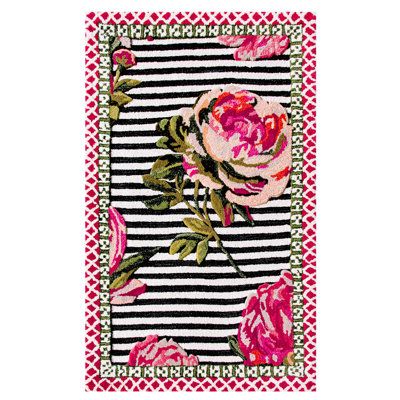 Put on a floral floor show in pink and black with this rug made of New Zealand wool with viscose hooked and sheared for delightful dimensions. Rug Size: Rectangle 2'3" x 3'9" MacKenzie-Childs Flower Show Rug - Area Rugs in Black/Pink/White | Size Rectangle 2'3" x 3'9" | Perigold Floral Floor, Wallpaper Door, Flex Space, Pink Rectangle, Door Coverings, Tudor Rose, Living Room Design Inspiration, Pink House, Mackenzie Childs