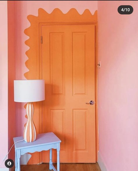 Maximalist Interior Paint, Sticker Accent Wall, Fun Painted Doors Interior, Colorful Bedroom Door Ideas, How To Dress Up Plain Walls, Decor Paintings On Walls, Encanto Inspired Furniture, Cute Staircase Ideas, Funky Door Design