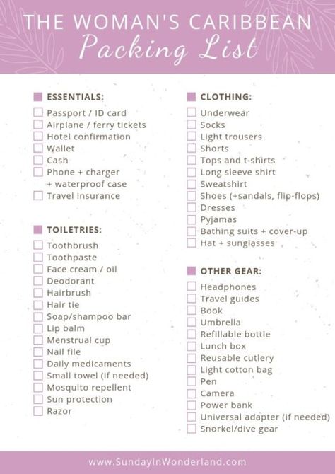 Caribbean Packing List: How to Pack for Fabulous Vacation [+printable!] Caribbean Packing List, Caribbean Cruise Packing List, Cruise Packing List Caribbean, List Infographic, Caribbean Cruise Packing, Cruise Outfits Caribbean, Beach Packing List, Weekend Packing List, Honeymoon Packing