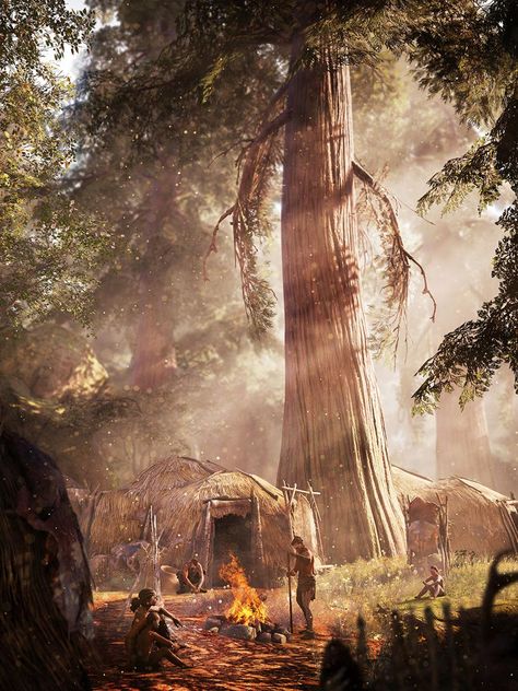 Village Conifer Forest, Far Cry Primal, Far Cry, Prehistoric Creatures, Stone Age, Fantasy Art Landscapes, Fantasy Landscape, Daily Art, Ancient Art