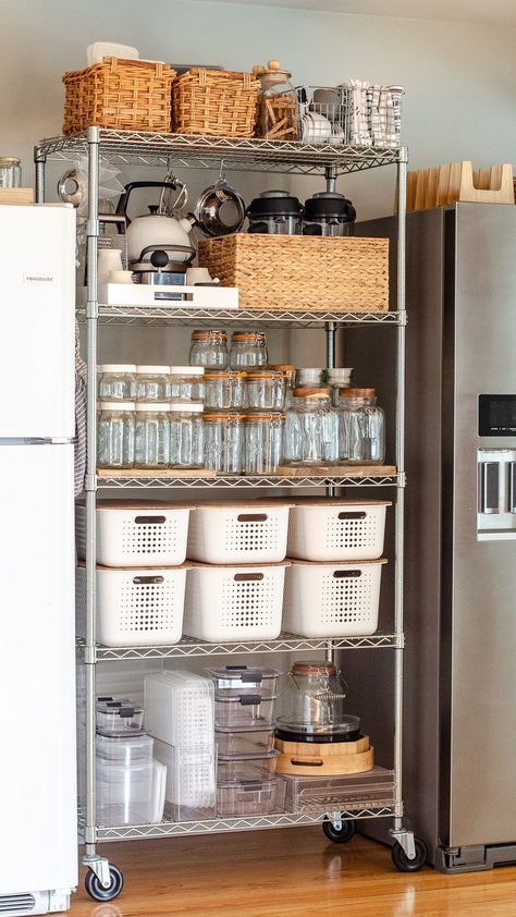 hellonutritarian on Instagram: This is just part of my storage container “collection” you can find all of my different storage and pantry carts in my #fridgelovebook 📖💫… Kitchen Shelf Pantry, Pantry Cart Storage, Kitchen Storage Unit Ideas, Pantry Shelves Organization, Kitchen Container Organization, Old Kitchen Ideas, Kitchen Pantry Organization Ideas, Burgundy Kitchen, Copenhagen Apartment