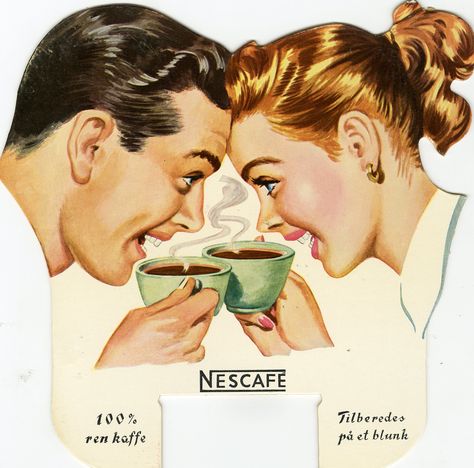 NESCAFÉ 75 YEARS: 1950s | A cardboard product illustration f… | Flickr Vintage Advertisements 1950s, Coffee Ads, Vintage Coffee Signs, 1950s Ads, Vintage Coffee Shops, Nescafe Coffee, Good Old Times, Coffee Images, Vintage Cafe