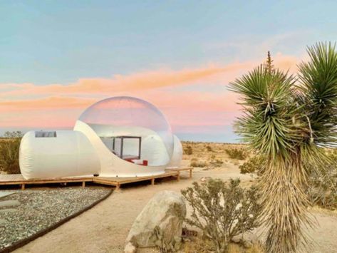 The coolest Airbnb's in Joshua Tree. 14 awesome places to stay in the desert!! #california #desertlife Desert Ranch, Beach Airbnb, Joshua Tree Airbnb, Dipping Pool, Joshua Tree House, Nighttime Sky, Bubble House, Bubble Tent, Airbnb Rentals