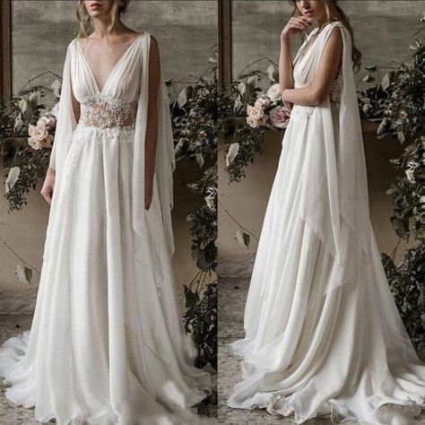 Medievil Wedding Dress, Wedding Dresses Grecian, Airy A Line Wedding Dress, Grecian Wedding Dress With Sleeves, Bohieman Wedding Dresses, Elven Wedding Dress Forest, Medival Wedding Dress, Goddess Inspired Wedding Dress, Arwen Inspired Wedding Dress