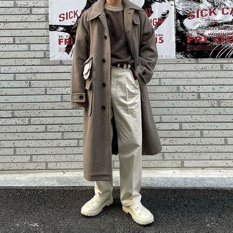 Collection: OH Atelier Available on ohgarments.com - Discover Quality Street Fashion Styles From Asia. As Seen on TikTok, Pinterest & Instagram #style #outfitinspo #koreanfashion #streetwear #streetfashion #aesthetic #y2k #outfitidea Mens Winter Trench Coat, Men Fashion Ideas Casual, British Clothing Men, Turtleneck Trench Coat Outfit Men, Long Trench Coat Outfit Men, Light Academia Aesthetic Outfit Male, Tall Mens Outfits, Comfy Guy Outfits, Modest Outfits Men