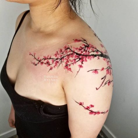 Cherry Blossom Shoulder Tattoo For Women, Cherry Blossom Tree Tattoo On Back, Cherry Blossom Petals Tattoo, Floral Japanese Tattoo, Pink Cherry Blossom Tattoo, Cherry Blossom Shoulder Tattoo, Cherry Tree Tattoo, Cherry Blossom Tattoo Shoulder, Cherry Tree Tattoos