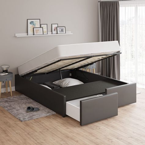 PRICES MAY VARY. The bed's gas lift mechanism makes lifting really effortless. Keep in mind that it is designed to help you lift the mattress and is not intended to hold the mattress up on its own In addition to lift up mechanism, this bed has 2 separate underneath roll out drawers for bedding, off-season clothing and more Upholstered with soft and durable polyurethane faux leather, this modern bed offers a sophisticated, practical and technological solution for any kind of home décor Wooden sla Platform Bed Frame Queen, King Size Bed Designs, Bed Frame Queen Size, King Size Storage Bed, Lift Storage Bed, Bed Designs With Storage, Bed Frame Queen, Drawer System, Bedroom Interior Design Luxury