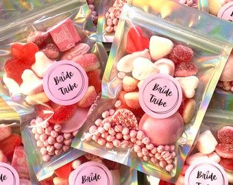 Hens Party Favour Ideas, Pick A Mix Sweets, Sweet Bag Ideas, Hens Party Set Up, Hens Party Bags, Hen Party Set Up, Pick And Mix Sweets, Hen Do Favours, Hens Party Favours