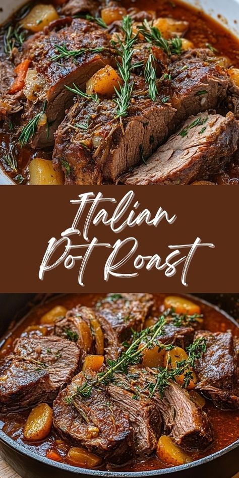 Italian Pot Roast (Stracotto)  Ingredients:  4 ounces bacon (or pancetta), diced (optional) 3 pounds beef (such as chuck), cut into 3 large pieces Salt and pepper, to taste 1 cup onion, diced 1 cup carrot, diced 1 cup celery, diced 1 tablespoon garlic, chopped 1/2 teaspoon red pepper flakes (optional) 2 cups beef broth 1 (14.5 ounce) can crushed tomatoes 1 sprig thyme (or 1 teaspoon fresh chopped or 1/2 teaspoon dried) 1 sprig rosemary  #Italian #Pot #Roast #Stracotto Best Roast For Pot Roast, Crock Pot Recipes Chuck Roast, Tomato Pot Roast, Italian Chuck Roast Crock Pot, Italian Beef Roast Crockpot, Chuck Roast Crock Pot Recipes Italian, Steakhouse Pot Roast, Chuck Roast Pieces Recipes, Homemade Pot Roast Crockpot