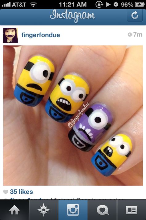 Courtesy of fingerfondue Minion Nail Art, Minion Nails, Girls Nail Designs, Funky Nail Art, Retro Nails, Nail Art Disney, Nails For Kids, Disney Nails, I Love Nails