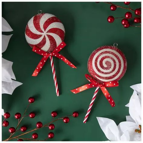 Hobby Lobby Lollipop Ornaments, Peppermint Decor, Lollipop Christmas, Candy Cane Lollipops, Red Lollipop, Christmas Peppermint, Swirl Lollipops, Candy Decorations, White Ornaments