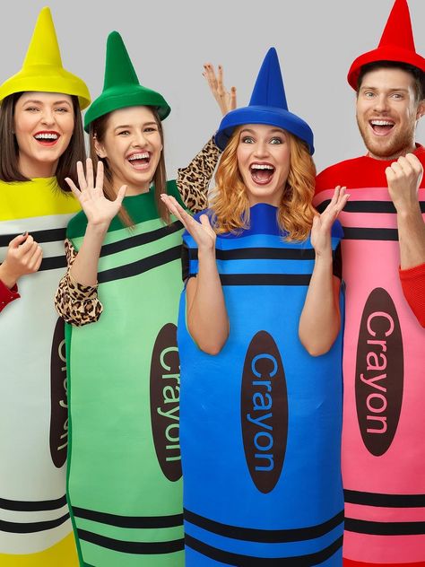 Halloween crayon costume with a hat with stretchy polyester designed to comfortably fit most adults, easy to put on and take off #halloween_costumes #crayon_costumes Crayon Outfit, Crayon Fancy Dress, Crayon Costumes, Halloween Crayons, Crayon Costume, Toddler Crayons, Outfit For Halloween, Funny Dresses, Dress Up Party