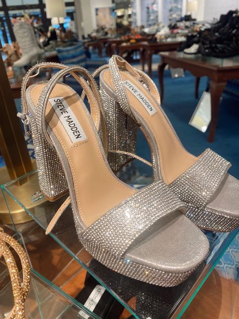 Silver Heels Chunky Heel, Shiny Heels Aesthetic, Sparkly Wedge Heels, Silver Sparkly Heels Prom, Sparkly Silver Heels Aesthetic, Prom Shoes 2023, Steve Madden Rhinestone Heels, Silver Shiny Heels, Steve Madden Sparkly Heels