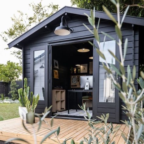 Garden Office & Studio Kitsets | She Shed NZ She Shed Office, Office Shed, Shed Office, Shed Sizes, Studio Shed, Black Barn, Backyard Office, Outdoor Office, Wooden Sheds