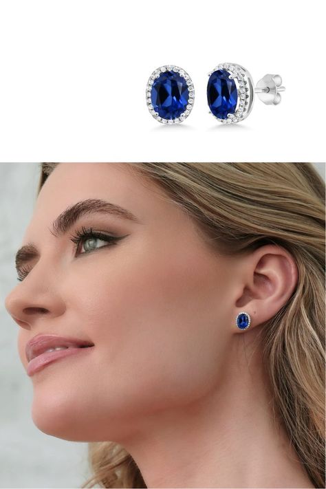 925 Sterling Silver Blue Created Sapphire Halo Earrings For Women (5.08 Ct Oval 9X7MM) Brown Diamond Ring, Sapphire Earrings Studs, Womens Earrings, Halo Earrings, Gemstone Stud Earrings, Brown Diamond, Earrings Studs, Sapphire Earrings, Gem Stone