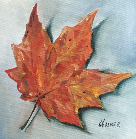 "Painting Description: Autumn Leaf by Kristine Kainer Oil on Canvas Panel (Museum Grade) 6\"x6\"x1/8\" Signed on front and back by the artist Living along the Eastern Seaboard for most of my life, I enjoyed magnificent fall foliage each autumn. Alas, in the Austin, Texas area, we do not experience anything close. This leaf was sent to me by a former cousin-in-law living in Tennessee (along with an envelope of other colorful specimens). What a joy to receive such a thoughtful gift! NOTE: Frame is Leaf Oil Painting, Pastel Artists, Painting A Day, Painted Glassware, George Mason, Fall Images, William And Mary, Painting Glassware, Classy Tattoos