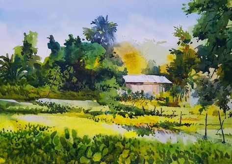 Watercolor Scenery Landscape Paintings, Water Colour Landscape, Watercolor Scenery Painting, Drawing Scenery, Watercolor Scenery, Beautiful Landscape Paintings, Watercolor Art Landscape, Landscape Painting Tutorial, Watercolor Paintings Nature