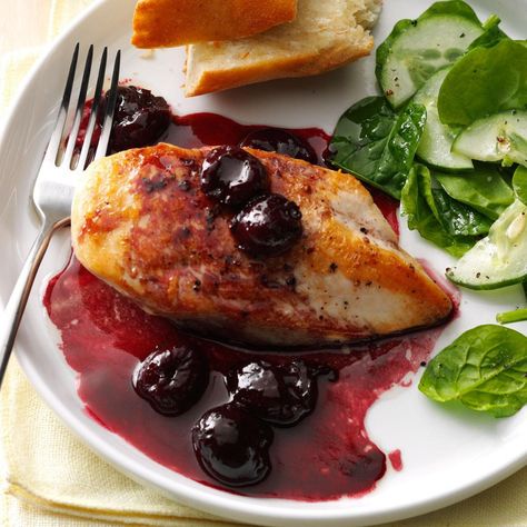 My dad's a chef, so I learned to cook at an early age. This saucy chicken was the first dish I made by myself. —Ben Diaz, Azusa, California Chicken With Cherry Wine Sauce, Chicken With Cherry Sauce, Dinner Roulette, Cherry Chicken, Cherry Sauce Recipe, Beef Tip Recipes, Funky Chicken, Cherry Sauce, Cherry Wine