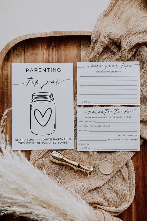 The parenting tip jar sign and advice card is perfect for the parents who are looking for some advice on how to raise their children. This product comes with a customizable baby shower sign that you can print out yourself, as well as personalized advice cards for the parents to take with them when they go out. The parenting tip jar sign also includes an instant download so that you can have the advice cards ready to go right away! **Please note this is a digital product - no physical item will be shipped to you. Once you have placed your order you will receive a link to edit your template online using the software Canva. get access immediately and create your perfect design! ---------------------------------- This Download Is An Editable Template  Includes: x1 Parenting Tip Jar Sign: (5 x Advice For The New Parents, Advice Cards Baby Shower Ideas, Baby Shower Card Games, Baby Shower Advice Ideas, Parenting Tip Jar, Advice For Parents To Be, Parent Advice Cards, Baby Advice Cards, Advice Jar