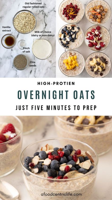 High protein overnight oats. Make them simple or make them fancy, either way you have a grab-and-go, easy, healthy breakfast. Overnight oats is great to meal prep for a make-ahead breakfast. Overnight Oats Healthy Measurements, Overnight Oats With Measurements, Overnight Chia Oats Healthy, Overnight Oats Cheap, Preworkout Breakfast Fat Burning, Overnight Oats Gut Health, Fancy Overnight Oats, Overnight Oats Recipe Measurements, Overnight Oats For Picky Eaters