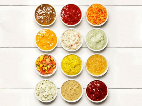 50 condiment recipes for topping hot dogs, burgers and sandwiches from Food Network Magazine. Homemade Condiments, Condiment Recipes, Food Network Magazine, Food Network, Diy Food, Chutney, Food Network Recipes, Food Hacks, Good Eats