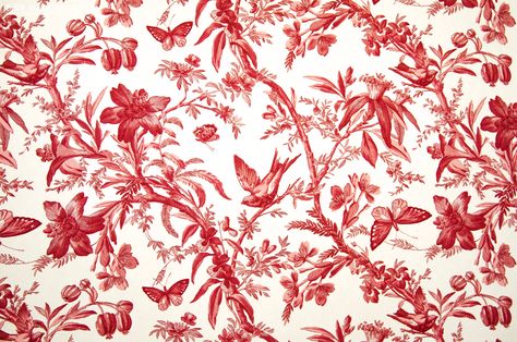 A red toile with birds, butterflies, and passion flowers. A toile fabric for red lovers only! Tree branches with leaves, flowers, and berries form a strong diagonal pattern across the fabric. Birds perch here and there as butterflies fly by. #toile #toile_fabric #toile_de_jouy #butterflies #butterfly #birds #fabric #sewing #houzz #red_toile_fabric #red_toile Red Flower Fabric, Flowers Sewing, Sewing Upholstery, Fabric Bird, Passion Flowers, Red Toile, Toile Wallpaper, Toile Pattern, Butterflies Flowers