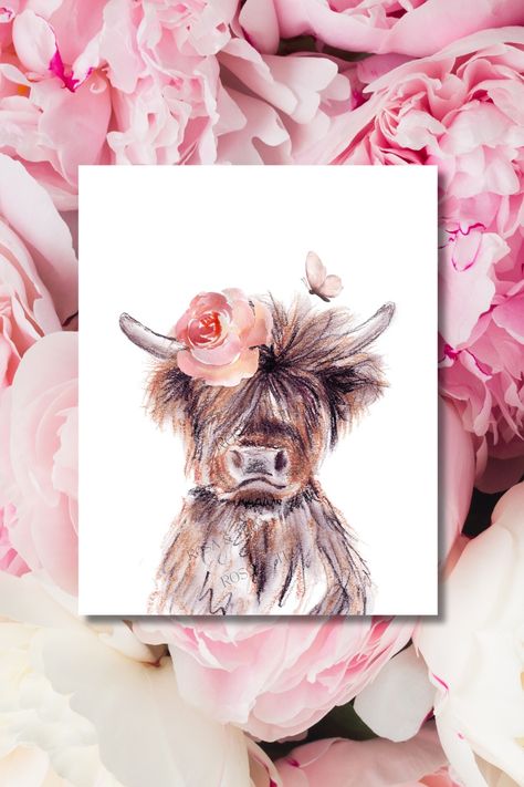 Highland Cow Nursery Girl, Cow Drawing Cute, Highland Cow Nursery, Zebra Drawing, Highland Cow Wall Art, Buffalo Painting, Cow Nursery, Safari Nursery Wall Art, Cute Highland Cow