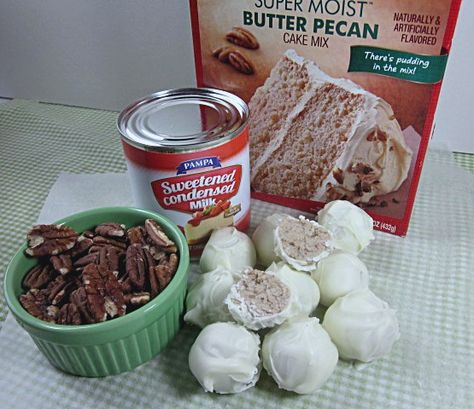 Butter Pecan Cake Mix Truffles Cake Mix Pop Recipes, Butter Pecan Cake Pops Recipe, Butter Pecan Cake Pops, Cake Mix Truffles No Bake, Cake Mix Truffles, Cake Batter Truffles, Best Cake Mix, Baking Cakes Ideas, Apple Desserts Easy