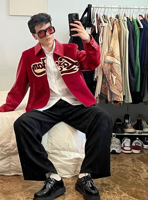 Men Red Jacket Outfit, Red Aesthetic Fits Men, Red Mens Fashion, Red Y2k Outfit Men, Valentine’s Day Outfits Men, Red Leather Jacket Outfit Men, Men’s Valentines Outfit, Red Mens Outfits, Red Varsity Jacket Outfit Men