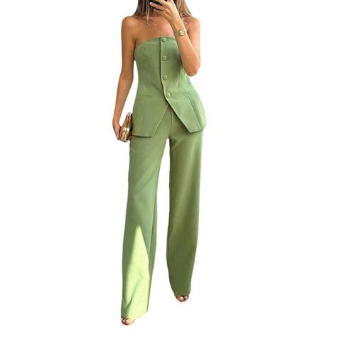 Women Suit Women's Bandeau Top High Waist Wide Leg Pants Set With Single Breasted Off Shoulder Top Green Pant Suit, Green Suits, Lounge Outfits, Womens Fashion Casual Summer, Strapless Bandeau, Pant Suit, Top Pants Set, Sleeveless Bodysuit, Casual Summer Dresses