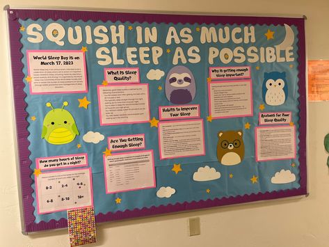 Welcome Back To School Nurse Bulletin Boards, Healthy Living Bulletin Board, Campus Safety Bulletin Board, Squishmallow Bulletin Board, Sleep Bulletin Board, Ra Where Am I Board Ideas, Ra Floor Programs, Info Bulletin Board Ideas, Ra Birthday Board